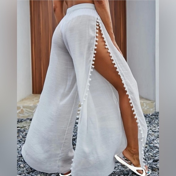 Split Cover Up Beach Pants with Tassel Trim - Picture 3 of 3